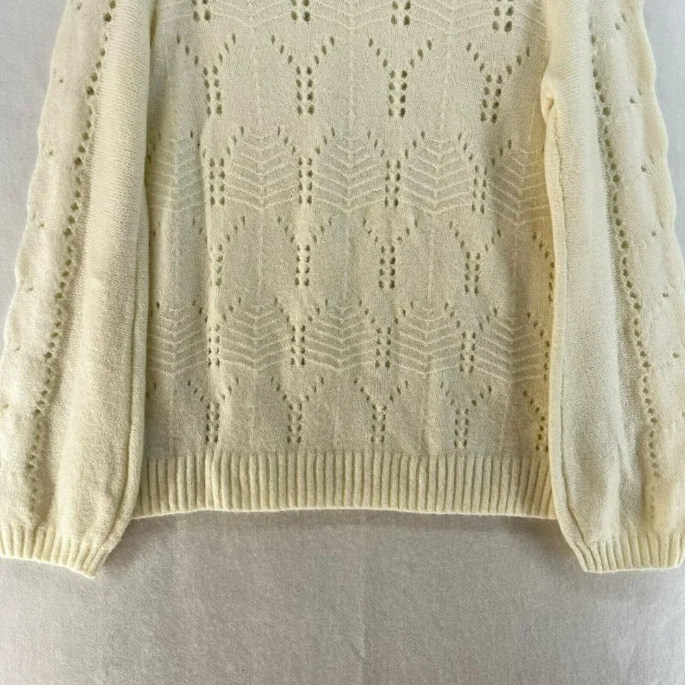 GAP Sweater Women's S Beige Cable-Knit Pointelle Crew Neck Ribbed Balloon Sleeve - Picture 10 of 13